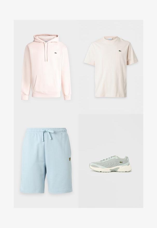 Sweat à capuche rose clair avec poche avant et petit logo crocodile vert sur la poitrine gauche, présenté sur un fond uni.; T-shirt uni beige clair à manches courtes avec col rond et petit logo crocodile vert sur la poitrine gauche.; Shorts décontractés bleu clair avec taille élastique et cordon de serrage, dotés d'un petit logo brodé jaune et noir sur le côté droit.; Baskets athlétiques bleu clair avec une tige en mesh texturée, une semelle en caoutchouc blanche, et un petit logo brodé sur le côté.