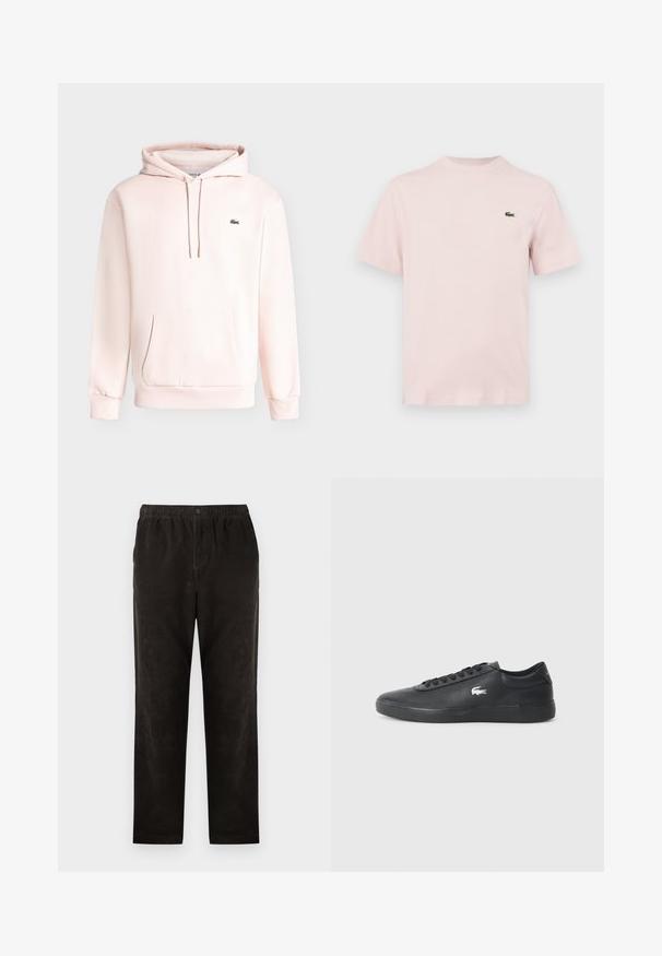 Sudadera con capucha de color rosa claro con bolsillo delantero y pequeño logotipo verde de cocodrilo en el pecho izquierdo, mostrada sobre un fondo liso.; Camiseta sencilla de manga corta en color rosa claro con un pequeño logo verde de cocodrilo en el pecho izquierdo, mostrada sobre un fondo blanco.; Pantalones de pana negra con un diseño de pierna recta, que presentan una cintura elástica y un cierre de un solo botón. Textura suave, detalles mínimos.; Zapatilla de cuero negro con puntera redondeada, suela plana y logo blanco en el costado. Presenta cordones negros y un acabado suave y mate.