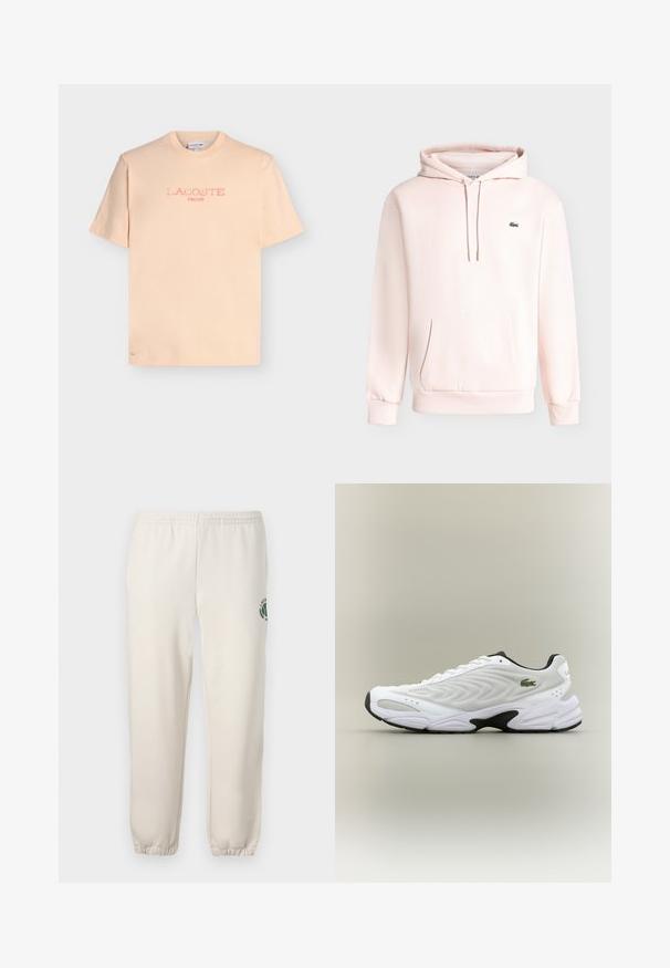 Sweat à capuche rose clair avec poche avant et petit logo crocodile vert sur la poitrine gauche, présenté sur un fond uni.; T-shirt à manches courtes couleur pêche clair avec «LACOSTE PARIS» imprimé en rose délavé sur le devant et un petit crocodile brodé près de l'ourlet.; Pantalon de jogging beige clair en coton, doté d'une taille élastique, de poignets en côtes et d'un logo vert avec un design de feuille sur la jambe gauche.; Baskets de sport blanches avec un dessus en mesh texturé, un design courbé et une semelle noire contrastante. Présente un logo brodé vert sur le côté.