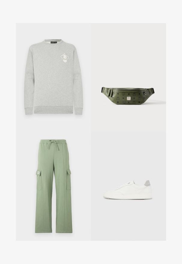 Grå sweatshirt med lange ærmer, rund hals og ribstrikkede manchetter. Har et lille hvidt og gult diamantlogo på brystet. Blød tekstur.; Lys grøn cargo bukser lavet af bomuldsblanding; har elastisk talje, snørelukning, bred ben og to sidelommer med klaplukninger.; Hvid lavtop-sneaker med gråt hælflig, hvide snørebånd og tekstureret sål, vist på en ensfarvet lys baggrund.; Olivengrøn tekstureret læder talletaske med sorte logoer, sølv lynlås, dobbelt lynlåstræk og central sølv brandplade.