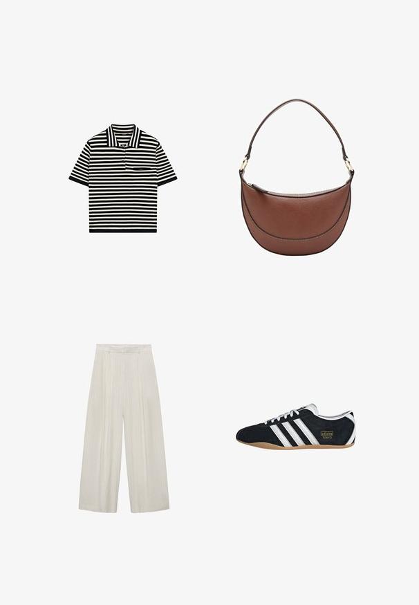 Kortærmet polo-shirt med sorte og hvide horisontale striber og en brystlomme, vist på en hvid baggrund.; Bredde bukser i lys beige med lodrette hvide striber. Har høj talje, plisseret front og glat tekstur.; Sort ruskinds sneaker med hvide tre striber, guldlogo og en brun gummisål. Har et lavprofil snørebåndsdesign.; Brun skuldertaske i læder med en buet form, et slankt håndtag og kontrasterende syninger. Har lynlås og guldfarvede metaldetaljer.