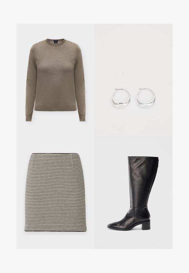 Bruine trui met lange mouwen en ronde hals, met geribde boorden bij mouwen en zoom, gemaakt van fijne gebreide stof, getoond op een neutrale achtergrond.; Zwart-witte mini-rok met houndstooth-patroon, recht model met hoge taille en zonder zichtbare versieringen of zakken.; Zwarte leren kniehoog laars met een vierkante neus, blokhak en slank ontwerp. Gladde textuur met een zijrits voor gemakkelijke instap.; Zilveren creolen met een gepolijste afwerking en DKNY-branding, weergegeven tegen een effen witte achtergrond.