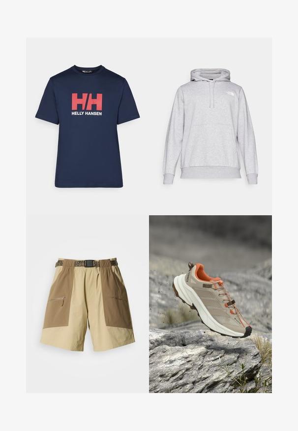 Sudadera ligera gris claro hecha de material suave, con un bolsillo tipo canguro, capucha ajustable con cordón y un pequeño logotipo en el pecho.; Camiseta de algodón de color azul marino con mangas cortas, que presenta un destacado logo en rojo y blanco con las letras "HH" y el texto "HELLY HANSEN" debajo del logo.; Pantalones cortos cargo de color beige y bronceado con dos grandes bolsillos laterales, un bolsillo con cremallera y un cinturón estampado. Confeccionados con tela ligera.; Zapato de senderismo beige y naranja con suela gruesa, etiqueta GORE-TEX y marca "TERREX", mostrado sobre terreno rocoso.
