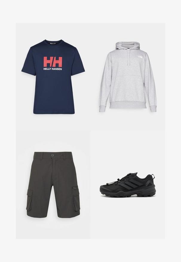 Sudadera ligera gris claro hecha de material suave, con un bolsillo tipo canguro, capucha ajustable con cordón y un pequeño logotipo en el pecho.; Camiseta de algodón de color azul marino con mangas cortas, que presenta un destacado logo en rojo y blanco con las letras "HH" y el texto "HELLY HANSEN" debajo del logo.; Pantalones cargo cortos de color gris oscuro, hechos de tela ligera, con dos bolsillos laterales y un bolsillo con cremallera en la pierna derecha. Cierre con botón en la cintura.; Zapatilla deportiva negra con una parte superior de malla texturizada, acentos sintéticos contrastantes y una suela de goma resistente. Presenta un sistema de cordones seguro y una lengüeta trasera.