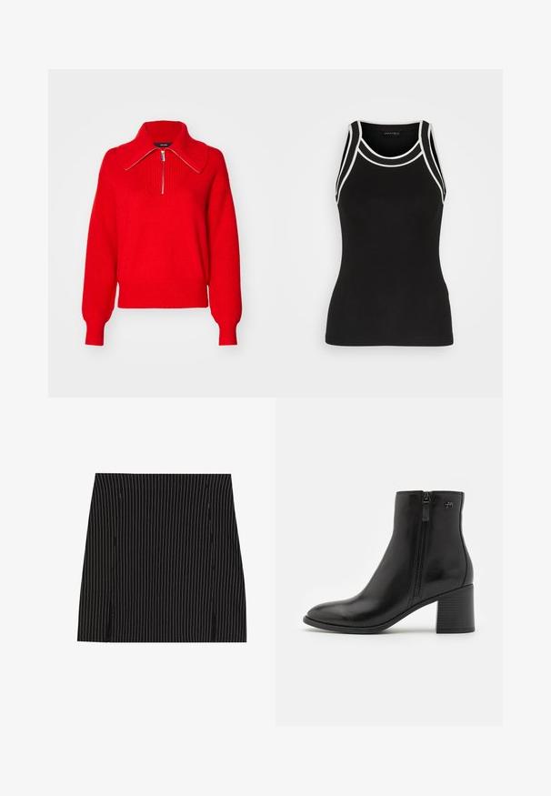 Pull en tricot rouge avec un col montant, doté d'une fermeture éclair et d'une texture côtelée. Coupe ample avec des manches larges et une couleur unie.; Débardeur noir à côtes avec des bordures blanches. Il présente un col rond et un design dos nageur. Fabriqué en tissu extensible pour plus de confort.; Jupe noire avec des rayures verticales blanches, présentant un design droit et de petites fentes sur les côtés à l'ourlet. Texture lisse, coupe ajustée.; Bottines noires en cuir lisse avec une fermeture éclair sur le côté. Présentent un bout pointu et un talon bloc texturé pour plus de stabilité.