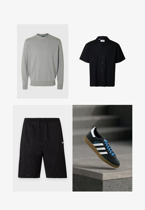Suéter gris de cuello redondo hecho de un material de punto suave. Presenta puños y dobladillo acanalados para un ajuste ceñido. Diseño sencillo sin patrones ni detalles visibles.; Camisa negra de manga corta en tela de algodón sólido con cuello y cierre frontal de botones; detalle texturizado sutil en la parte delantera.; Bañadores deportivos de malla negra con cintura ajustable mediante cordón, que presentan una textura perforada y un pequeño logo blanco en la parte inferior derecha.; Zapatilla negra Adidas con franjas blancas, cordones azules y suela de goma flotando sobre un escalón de hormigón gris con luz suave.