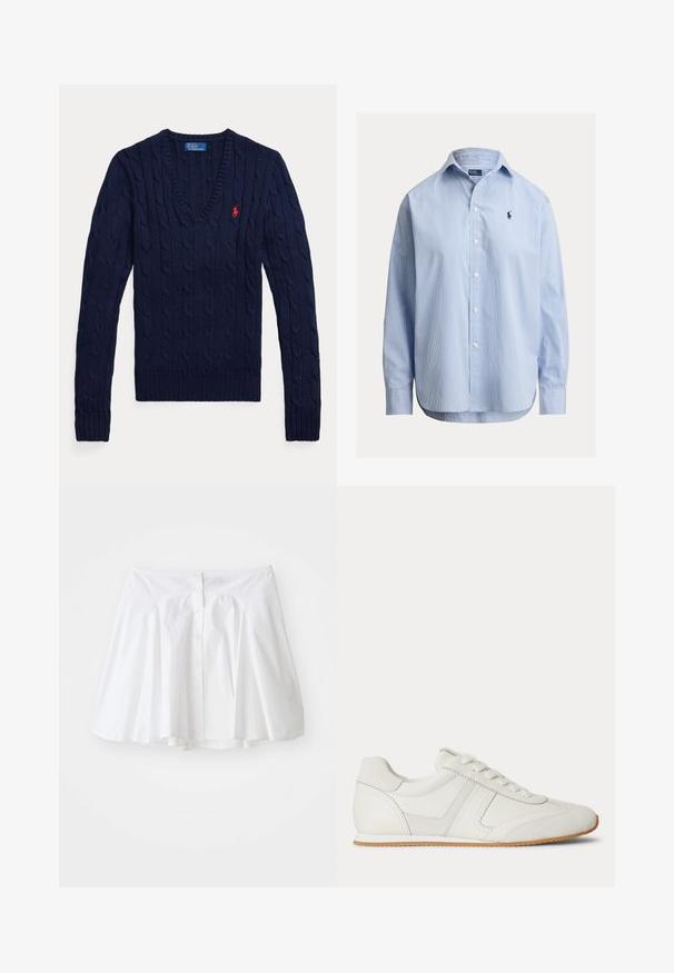 Navyblauwe kabelgebreide trui met V-hals, lange mouwen en een klein rood geborduurd Polo-logo op de linkerborst.; Blauw-wit gestreept shirt met lange mouwen, knoopsluiting aan de voorkant, kraag, reguliere pasvorm, met een klein geborduurd logo op de borst.; Witte katoenen rok met een uitlopend ontwerp, voorzien van een knoopsluiting aan de voorkant en subtiele plooien bij de taille voor extra vorm.; Witte lage sneaker met veters aan de voorkant, suède en leren panelen, en een lichtbruine rubberen zool op een witte achtergrond.