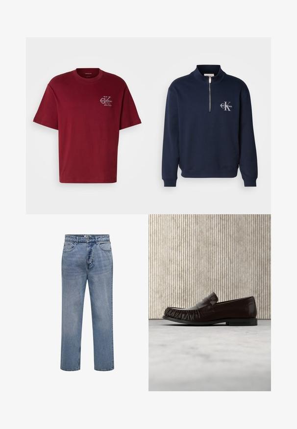Námornícky modrá mikina na zips vyrobená z jemnej látky, s vysokým golierom, ribovanými manžetami a logom na hrudi v kontrastných farbách.; Bordová bavlnená tričko s uvoľneným strihom, krátkymi rukávmi a bielym logom vpredu. Má okrúhly výstrih a hladkú textúru.; Svetlomodré rifľové nohavice s rovnými nohavicami, zapínaním na gombík a zips, s prednými a zadnými vreckami.; Tmavohnedá kožená mokasína so šitými detailmi, ktorá visí nad béžovým kobercom, s lesklým okrúhlym stolom jantárovej farby v pozadí.