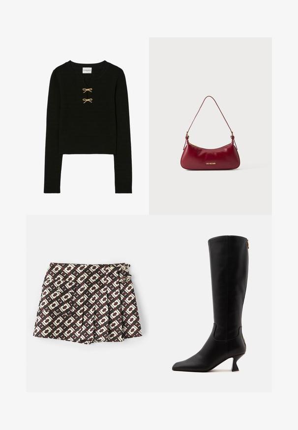 Sort strikket sweater med rund halsudskæring, lange ærmer og to guld-tone sløjfeaccentuer i midten. Tekstureret stof med et cropped design.; Mærkevarer shorts med et brunt og cremefarvet geometrisk mønster, to sidelommer og guldfarvede detaljer. Stof med en glat tekstur.; Sort knæhøj læderstøvle med spids tå, sidelås og udvidet mellemhøj hæl vist mod hvid baggrund.; Lille mørkerød læder skuldertaske med en tynd rem og guld "Love Moschino" logo på fronten.