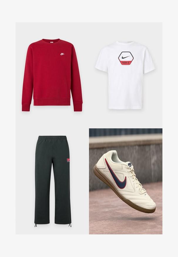 Červená mikina s dlhým rukávom a okrúhlym výstrihom, malé biele logo Nike na ľavej hornej strane na hrudi, jednoduchý dizajn, rebrované manžety a spodný lem.; Biele tričko s krátkym rukávom značky Nike s červeno-čiernym šesťuholníkovým logom s emblémom Nike a názvom značky na prsiach.; Tmavozelené nohavice Nike s elastickým pásom, rovnými nohavicami, malou červeno-bielou nášivkou s logom Nike na stehne a nastaviteľnými sťahovacími šnúrkami na manžetách.; Biele tenisky Nike so modro-červeným Swooshom, textúrovaným koženým telom, šnurovacím dizajnom a gumenou podrážkou.