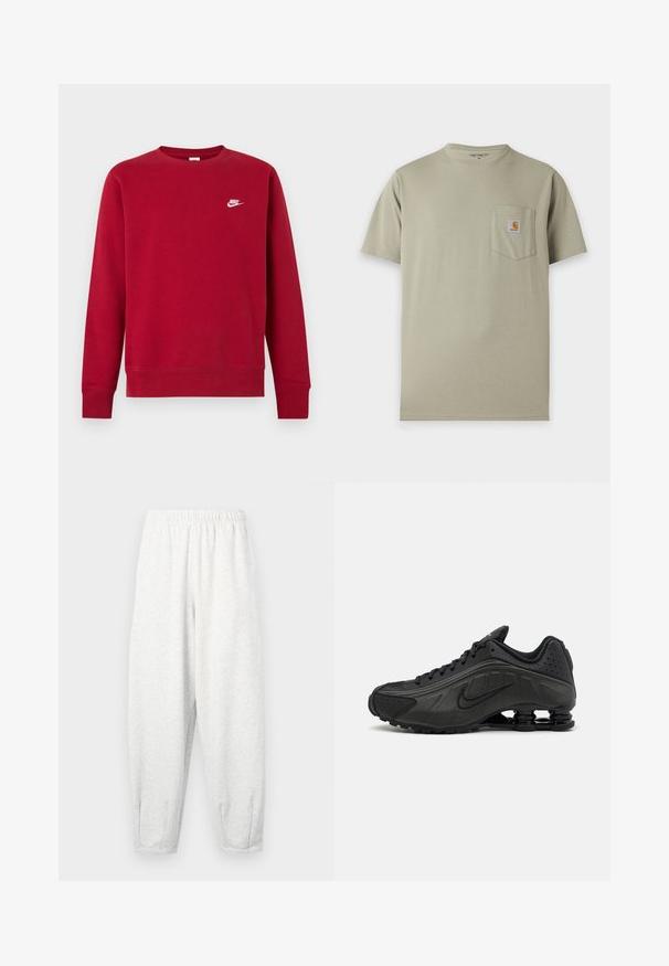 Rode lange mouwen crewneck trui met klein wit Nike-logo op de linkerborst bovenaan, eenvoudig ontwerp, geribde boorden en zoom.; Beige Carhartt T-shirt met korte mouwen en een borstzak met het Carhartt-logo op een witte achtergrond.; Lichtgrijze sweatpants gemaakt van zachte stof, met een elastische tailleband, taps tolopende benen en enkelmanchetten. Eenvoudig ontwerp zonder patronen.; Zwarte hardloopschoenen met een glad bovenwerk van synthetisch materiaal, geperforeerde accenten, gestructureerde zijpanelen en een opvallende veerkrachtige zool.