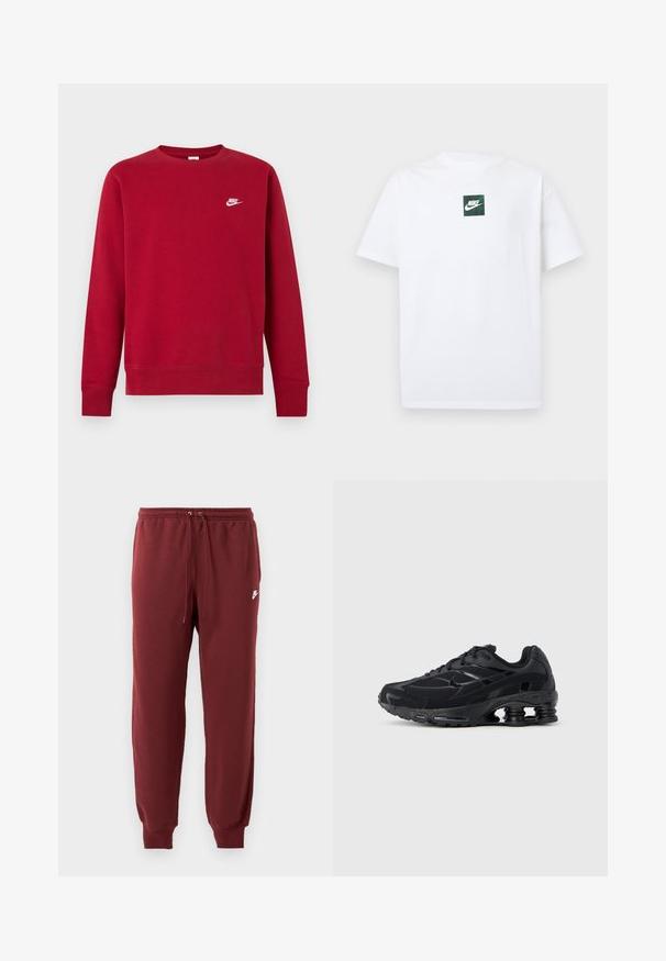 Rotes Sweatshirt mit Rundhalsausschnitt und langen Ärmeln, kleines weißes Nike-Logo auf der oberen linken Brust, schlichtes Design, gerippte Bündchen und Saum.; Weißes Nike-T-Shirt mit kurzen Ärmeln, versehen mit einem kleinen grünen quadratischen Logo, das den Nike-Swoosh und Text in der Brustmitte zeigt.; Burgunderfarbene Sweatpants aus weichem Material, mit elastischem Bund und Kordelzug sowie schmal zulaufenden Bündchen, versehen mit einem kleinen weißen Logo.; Schwarzer Sportschuh mit Obermaterial aus Mesh, gepolstertem Kragen und hervorgehobener Dämpfungstechnologie an der Ferse. Verfügt über strukturierte Akzente und Schnürsenkel.