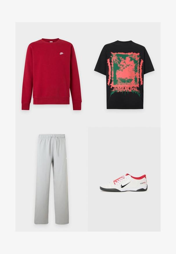 Rotes Sweatshirt mit Rundhalsausschnitt und langen Ärmeln, kleines weißes Nike-Logo auf der oberen linken Brust, schlichtes Design, gerippte Bündchen und Saum.; Schwarzes T-Shirt mit abstraktem grünem und pink gesprenkeltem Quadrat-Design und verzerrtem Text unten in der Mitte.; Hellgraue Freizeithose mit elastischem Bund und Kordelzug, gerades Bein, geeignet für den täglichen Gebrauch.; Weißer Sportschuh mit roten Akzenten, schwarzem Swoosh-Logo und strukturiertem Design. Mit weißen Schnürsenkeln und schwarzem Außensohle. Text lautet "total90."