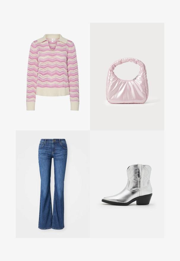 Strickpullover mit V-Ausschnitt und kurzem Kragen, versehen mit einem Wellenmuster in Rosa und Creme. Mit Struktur, gerippten Bündchen und Saum.; Blaue Denim-Bootcut-Jeans mit Fronttaschen, Knopfverschluss und Gürtelschlaufen, auf einem weißen Hintergrund präsentiert.; Silberne Leder-Cowboystiefel mit spitz zulaufender Zehenpartie, gestickten Details am Schaft und einem moderaten schwarzen Absatz. Glatte und glänzende Oberfläche.; Rosa, gepolsterte Handtasche mit abgerundeter Form, aus glänzendem Material gefertigt. Verfügt über einen gerafften Griff und einen Reißverschluss für sicheren Zugang.