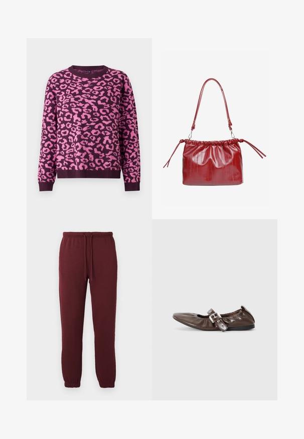 Lilla sweater med et pink leopardprintmønster, rund halsudskæring og ribbede manchetter. Fremstillet af blødt strikket stof med en afslappet pasform.; Bordeaux joggingbukser med elastisk talje, snor, sidelommer og elastiske manchetter mod en ensfarvet hvid baggrund.; Brun lakeret flad sko med spids tå, elastisk sløjfedetalje og en sølvspændeaccent på siden. Sort gummisål.; Rød skuldertaske i patentlæder med en samlet top, justerbar rem og bånd i siderne. Glat tekstur med subtile lodrette linjer.