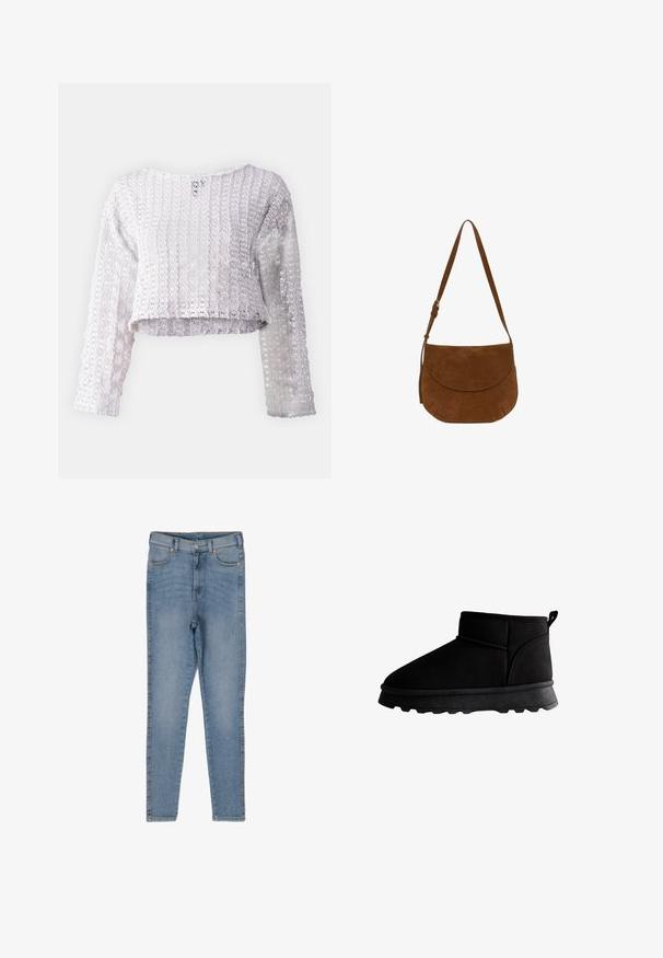 Witte, korte lange mouw top met een gestructureerd kantpatroon. Heeft een brede halslijn en intrigerende geometrische uitsparingen doorheen.; Lichtblauwe skinny jeans van denim, met een hoge taille, een vijf-pocket ontwerp en subtiele vervaging langs de benen.; Zwarte enkelboot met dikke zool, een aantreklus aan de hiel, een gladde bovenkant en gestikte naden, weergegeven in zijprofiel op een witte achtergrond.; Suède schoudertas in rijk bruin met een afgeronde klep, verstelbare schouderriem en gestikte accenten aan de onderkant voor extra detail.