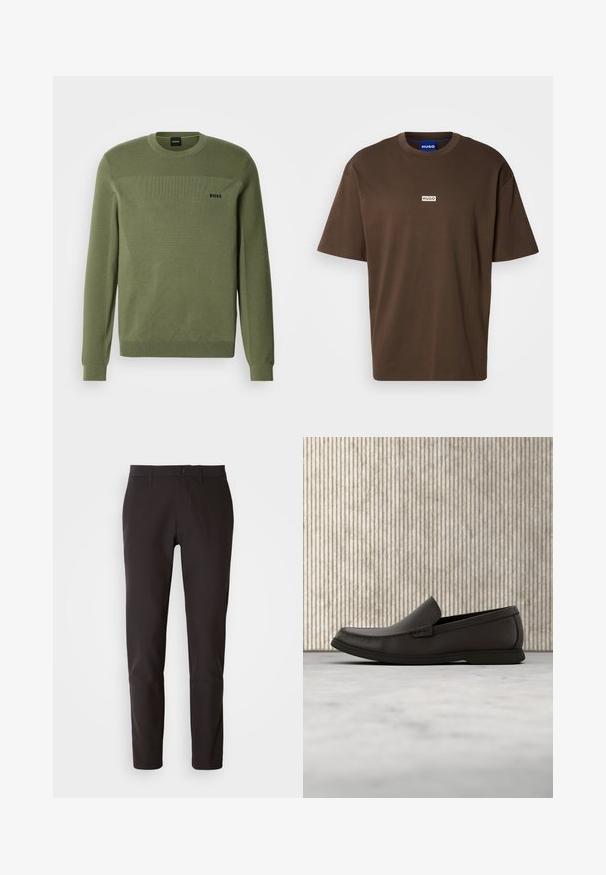 Suéter verde oliva con cuello redondo, patrón de tejido texturizado, puños y dobladillo acanalados. Presenta un logo sutil en el pecho.; Camiseta de algodón marrón con mangas cortas y cuello redondo. Presenta un pequeño logo rectangular blanco con "HUGO" en el frente.; Pantalones negros de tela suave, con corte recto, cinturilla estándar con cierre de botón y sin bolsillos o patrones visibles.; Mocasines de cuero marrón oscuro con punta redondeada, detalles de costura sutil y suela de goma baja. Textura suave con un ajuste flexible.