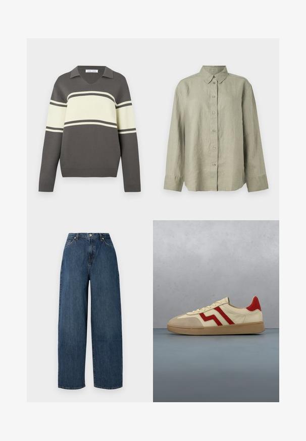Pull-over gris à manches longues avec de larges rayures horizontales crème et de fines rayures gris foncé, col en V.; Chemise en lin vert clair à boutons, avec col, manches longues et patte de boutonnage avec six boutons à l'avant. Texture douce et coupe décontractée.; Jeans en denim à jambe large dans un bleu foncé. Fabriqués en coton robuste avec une texture lisse. Présentent une fermeture à bouton et un design classique à cinq poches.; Baskets en cuir beige avec accents rouges et semelle en caoutchouc texturée. Présente un design classique avec deux bandes rouges et des lacets crème.