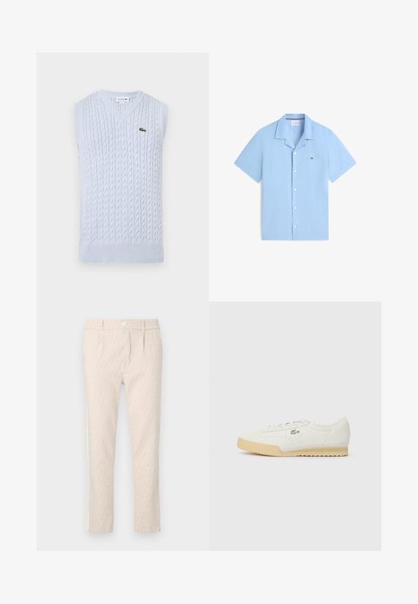 Chaleco de punto sin mangas de color azul claro con cuello en V y pequeño logo bordado del cocodrilo de Lacoste en verde en el lado izquierdo del pecho.; Camisa azul clara de manga corta con botones, con cuello y pequeño logotipo en el pecho izquierdo, extendida sobre un fondo blanco.; Pantalones beige con un diseño sutil de hojas, bien confeccionados, con cierre de botones y bolsillos laterales. Textura de tela suave.; Zapatillas de cuero blanco con una superficie texturizada, suela de goma beige, diseño de cordones y un sutil detalle del logo en el lateral.