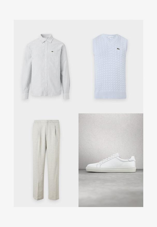 Chaleco de punto sin mangas de color azul claro con cuello en V y pequeño logo bordado del cocodrilo de Lacoste en verde en el lado izquierdo del pecho.; Camisa de botones a rayas en azul claro y blanco. Tela de algodón, de mangas largas, con cuello puntiagudo, que presenta un pequeño logo verde en el bolsillo del pecho.; Pantalones gris claro con una tela texturizada, que presentan un corte recto, frente con pliegues y cinturilla estándar. Sin bolsillos o acentos visibles.; Zapatilla blanca con parte superior de cuero liso y perfil bajo. Presenta una puntera redondeada, seis ojales y una suela de goma texturizada.