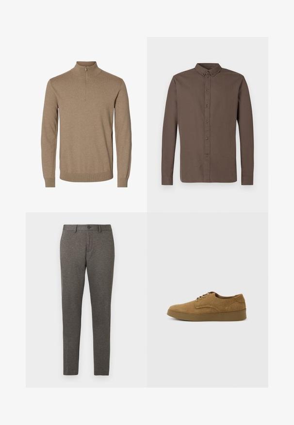 Brun strikket pullover med lange ærmer, en høj hals og en kort lynlås foran, ribbestrikkede kanter ved ærmer og bund.; Mørkebrun langærmet skjorte med knapper, der har en klassisk krave, otte knapper foran og en glat, letvægts stoftekstur.; Grå tapered bukser med et tekstureret stof, der har forskydninger i lommerne og en enkelt knaplukning i taljen. Kan maskinvaskes.; Brun ruskindslærredsko med snørebånd og flad gummisål, set fra siden på en ensfarvet lys baggrund.