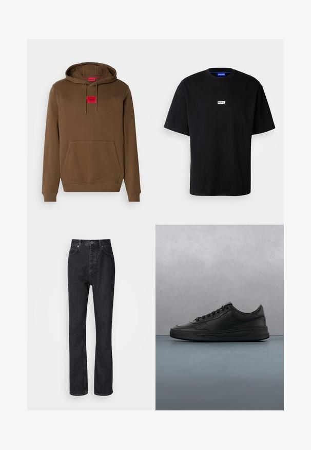 Bruine hoodie met een trekkoordkap, een kangaroezak aan de voorkant en een rode rechthoekige label met "HUGO" gecentreerd op de borst.; Zwarte katoenen t-shirt met een ronde hals, korte mouwen en een witte rechthoekige "HUGO" logo op de borst. Gladde textuur, relaxte pasvorm.; Hoge taille zwarte denim jeans met een knoop- en ritssluiting, voor- en achterzakken en een rechte pasvorm.; Zwarte sneaker met een glad leren bovenwerk, ronde neus, platte veters, gewatteerde kraag en minimalistisch design. Rubberen zool met een subtiel profiel.