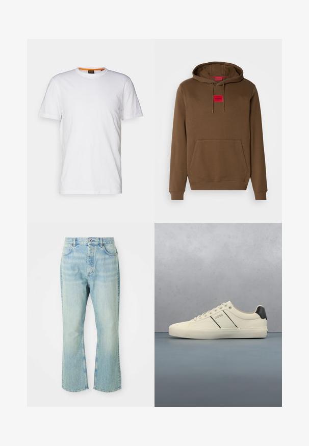 Brauner Hoodie mit verstellbarem Kapuzenzug, einer Front-Kängurutasche und einem roten rechteckigen Etikett mit "HUGO", das zentral auf der Brust platziert ist.; Weißes Baumwoll-T-Shirt mit Rundhalsausschnitt, kurzen Ärmeln und einem dezenten geprägten Logo auf der Brust. Das Innenschild hat einen orangefarbenen Akzent.; Hellblaue, ausgestellte Jean mit hoher Taille, ausgestattet mit fünf Taschen, Gürtelschlaufen und einem ausgewaschenen Denim-Look.; Cremfarbene Sneaker mit glatter Oberfläche, die schwarze Akzente und Markenlogo aufweisen. Klassisches Schnürdesign mit runder Zehenform und Gummisohle.