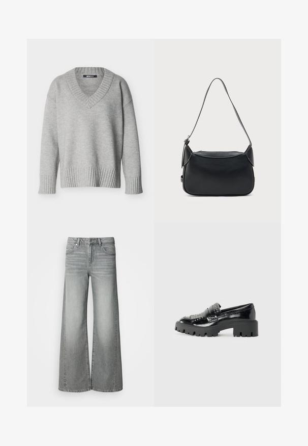 Pull en maille gris clair avec col en V, poignets et ourlet côtelés, présenté sur un fond blanc uni.; Jean gris taille haute à jambes larges avec bouton et fermeture éclair à l'avant, poches avant et arrière, présenté sur un fond blanc uni.; Mocassins en cuir verni noir avec une semelle plateforme noire épaisse, ornés de clous métalliques sur le devant et d'un design à bout rond.; Sac à bandoulière en cuir noir avec une texture lisse, une forme arrondie et une fine bandoulière. Il dispose d'une fermeture éclair et d'accents matériels minimalistes.