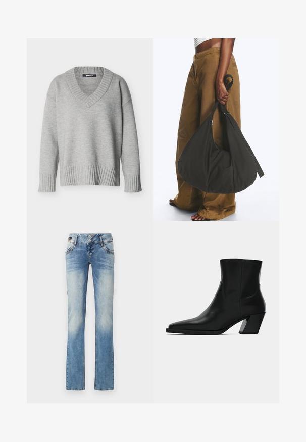 Pull en maille gris clair avec col en V, poignets et ourlet côtelés, présenté sur un fond blanc uni.; Jeans en denim bleu clair avec une coupe droite, dotés d'une fermeture à cinq boutons, de poches avant et de détails de décoloration subtils.; Bottine en cuir noir avec un bout pointu, une silhouette élégante et un talon carré massif. Texture lisse avec des détails de couture minimalistes.; Personne portant un pantalon marron à jambes larges et un haut blanc tenant un grand sac à main noir souple par sa lanière à côté d'elle.
