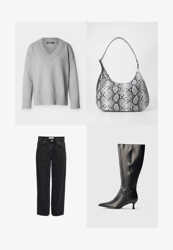 Hellgrauer Strickpullover mit V-Ausschnitt, gerippten Bündchen und Saum, vor einfachem weißem Hintergrund angezeigt.; Schwarze Denim-Jeans mit weitem Bein und hoher Taille, fünf Taschen und Reißverschluss. Glatte Textur mit minimal sichtbaren Nähdetails.; Schwarzer kniehoher Lederstiefel mit spitzer Zehenpartie und niedrigem Kittenabsatz, präsentiert vor einem schlichten hellen Hintergrund.; Schultertasche im schwarz-weißen Schlangenprint mit runder Form, glatter Textur und gebogenem Tragegurt. Mit einem silbernen Hardware-Akzent.