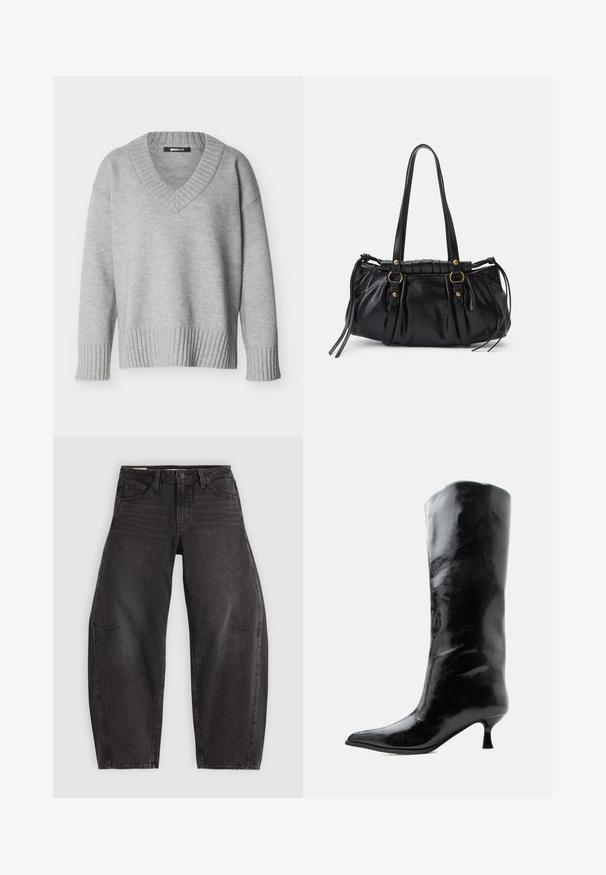 Lichtgrijze gebreide trui met V-hals, geribbelde manchetten en zoom, weergegeven op een effen witte achtergrond.; Zwarte denim jeans met een relaxed fit, voorzien van vijf zakken, een knoopsluiting en subtiele vervaging. De stof heeft een soepele, stevige textuur.; Zwarte glanzende kniehoge leren laars met puntige neus en lage gebogen hak op een effen lichte achtergrond.; Zwarte leren handtas met een afgeronde vorm, dubbele handvatten, decoratieve hardware accenten en details met zijstrikken. Smooth, glanzende textuur.