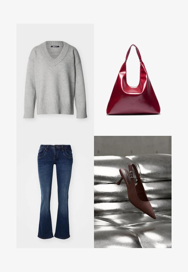 Pull en maille gris clair avec col en V, poignets et ourlet côtelés, présenté sur un fond blanc uni.; Jean flare en denim bleu foncé avec une taille mi-haute, cinq poches et des détails de couture subtils aux coutures et aux bords des poches.; Chaussure slingback pointue marron avec talon bas et bride à boucle reposant sur une surface capitonnée argentée métallique brillante.; Sac à main en cuir laqué rouge de forme triangulaire, avec une large ouverture en haut et une seule anse courbée. Texture lisse avec des détails de couture minimaux.