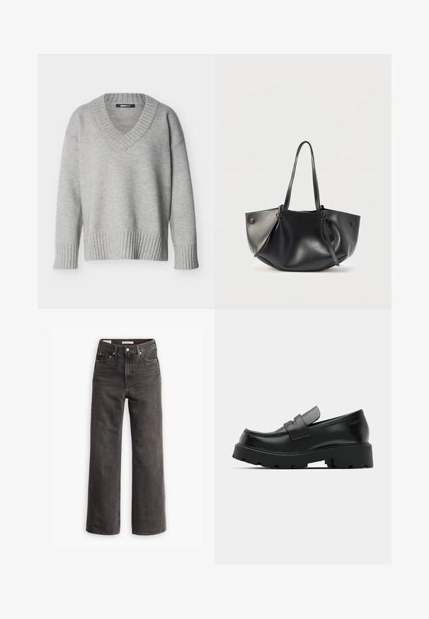 Suéter de punto gris claro con escote en V, puños y dobladillo acanalados, mostrado sobre un fondo blanco liso.; Jeans de tiro alto y pierna ancha en denim gris oscuro, con bolsillos frontales, remaches de cobre en contraste y un acabado limpio sin adornos.; Mocasines de cuero negro con suela gruesa y texturizada, que presentan una correa sobre el empeine y un acabado suave y pulido.; Bolso de hombro de cuero negro con dos asas largas, una forma suave y redondeada, y detalles de botones en cada lado.