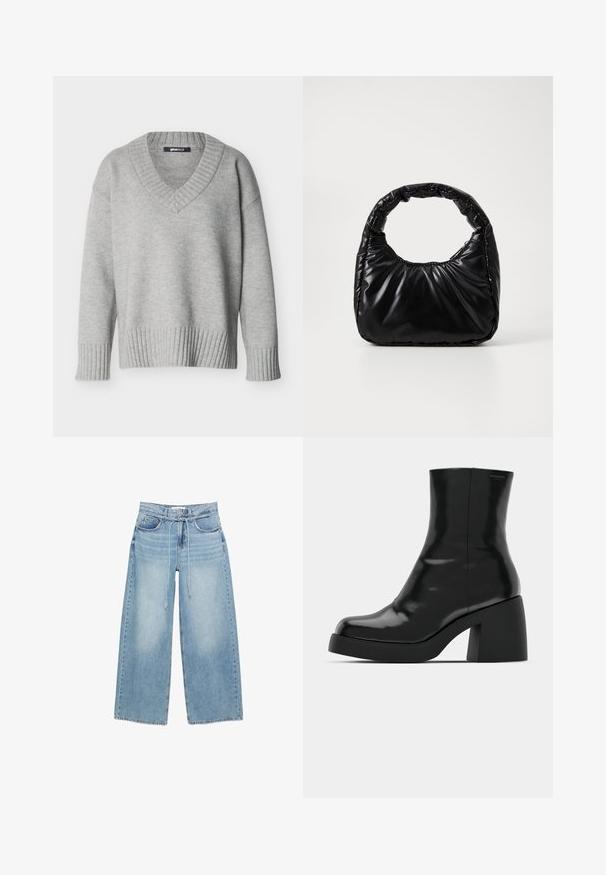 Hellgrauer Strickpullover mit V-Ausschnitt, gerippten Bündchen und Saum, vor einfachem weißem Hintergrund angezeigt.; Hellblaue Jeans mit weitem Bein, hoher Taille, Vorderseitentaschen, Gürtelschlaufen und dünnem verstellbarem Kordelzuggürtel.; Schwarze Stiefeletten mit glänzender Oberfläche, quadratischer Zehenpartie und dicker Blockabsatz. Das Design zeichnet sich durch eine nahtlose Silhouette und minimalistische Markenkennzeichnung aus.; Schwarze gepolsterte Handtasche mit einem runden Griff, die eine glatte, glänzende Oberfläche und eine weiche, gestepfte Textur aufweist. Keine sichtbare Hardware oder Akzente.