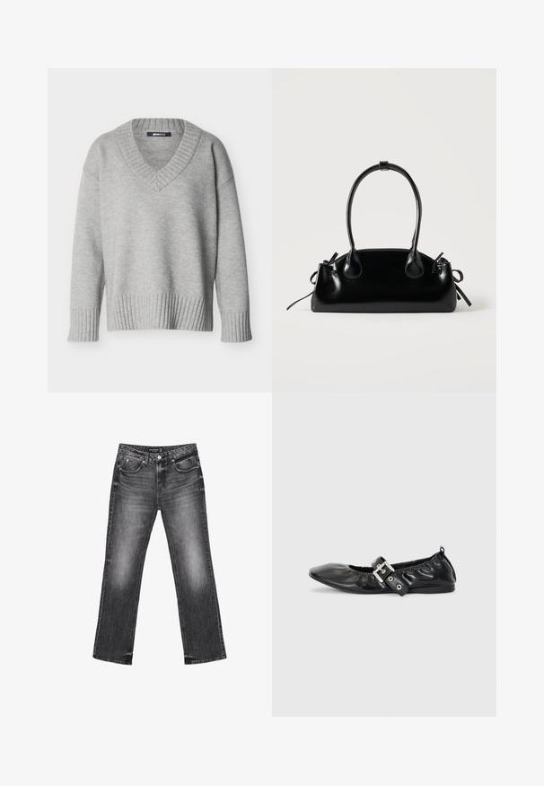 Hellgrauer Strickpullover mit V-Ausschnitt, gerippten Bündchen und Saum, vor einfachem weißem Hintergrund angezeigt.; Schwarze Denim-Jeans mit geradem Bein, verblasstem Design und fünf Taschen. Mit Gürtelschlaufen und Reißverschluss.; Schwarze Leder-Ballerinas mit spitzem Zehenbereich, gerafften Details am Schaft und einem silbernen Schnallenakzent am verstellbaren Riemen.; Kleine schwarze glänzende Handtasche mit zwei langen Griffen und seitlichen Kordelzug-Details vor einfachem hellem Hintergrund.