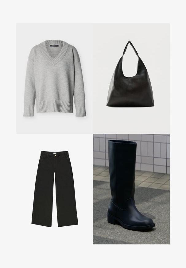 Hellgrauer Strickpullover mit V-Ausschnitt, gerippten Bündchen und Saum, vor einfachem weißem Hintergrund angezeigt.; Schwarze weit geschnittene Jeans aus Denim, mit hoher Taille, Vordertaschen und kontrastierendem goldfarbenem Zubehör. Sauberer, gerader Schnitt.; Hoher schwarzer Lederstiefel mit niedrigem klobigem Absatz, stehend auf Pflaster neben gefliestem Wandhintergrund.; Schwarze, glatte Leder-Schultertasche mit einem breiten, einzelnen Riemen und einem lässigen, minimalistischen Design vor einem einfarbigen Hintergrund.
