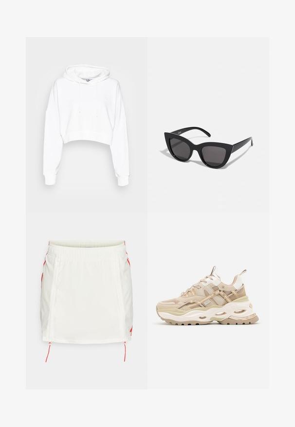 adidas Originals CROPPED HOODIE - Sweater - white; Witte sportrok met elastische tailleband, voorzien van rode trekkoorden en zijritsen. Gladde stof, knielang ontwerp, zonder patronen.; Beige en witte chunky sneaker met dikke zool, mesh- en leren panelen, ovale uitsparingen in de tussenzool, trekriemen op de tong en hiel.; Zwarte cat-eye zonnebril met een matte afwerking, voorzien van grijs getinte glazen, scherpe hoeken en slanke zijarmen. Merkennaam zichtbaar op de binnenarm.
