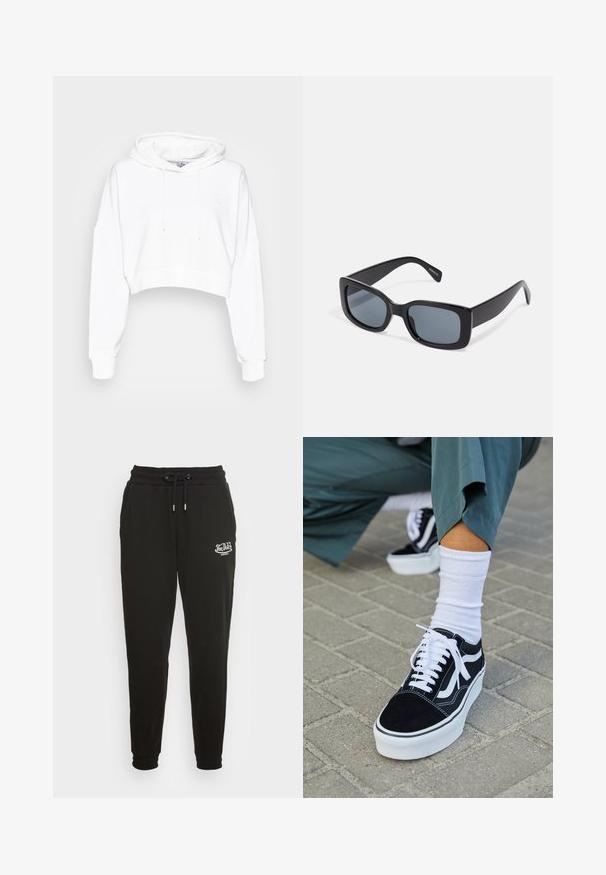 adidas Originals CROPPED HOODIE - Sweatshirt - white; Von Dutch ELLIS - Træningsbukser - black; Sorte ruskinds sneakers med hvide accenter og snørebånd, der har en tyk hvid sål og kontrasterende syninger, parret med en hvid sok.; Sorte rektangulære solbriller med mørkt tonede linser, tyk plastramme og brede stænger. Glat overflade og kantet design.