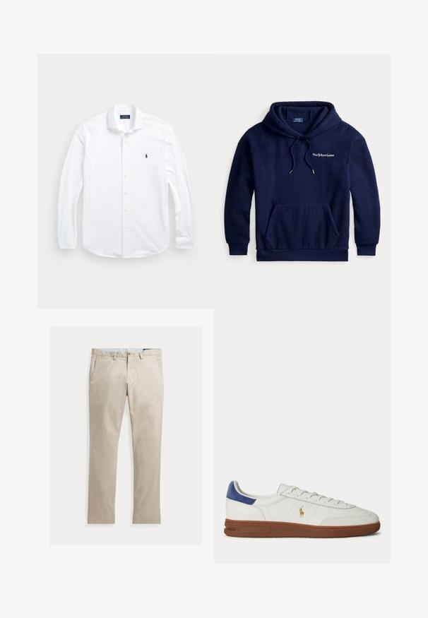 Sudadera de forro polar azul marino con capucha ajustable, bolsillo frontal, puños y dobladillo acanalados. Presenta un pequeño logo blanco en el pecho.; Camisa blanca de manga larga y botones, hecha de algodón. Presenta un cuello clásico, corte regular y un pequeño logo azul marino en el pecho.; Pantalones de algodón beige de pierna recta con bolsillos delanteros, trabillas para cinturón, cierre de botón y cremallera, mostrados extendidos sobre un fondo blanco.; Zapatilla blanca de caña baja con suela marrón, lengüeta azul en el talón, cordones y logo dorado de Polo Ralph Lauren en el lateral.