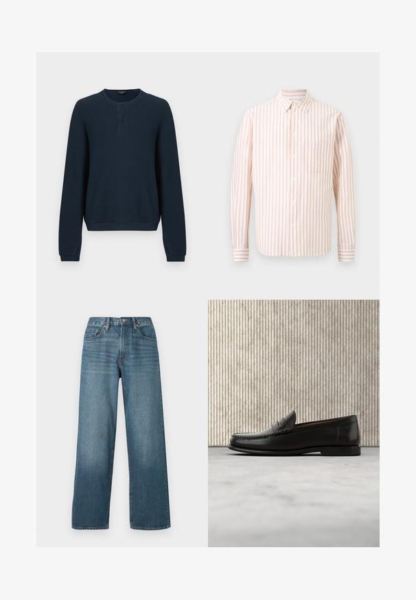Mørkeblå sweater med lange ærmer og tekstureret ribstrikket stof. Har rund halsudskæring og en tre-knaps slidse. Ærmekanter og kant forneden er ensfarvede.; Hvid skjorte med lange ærmer med tynde lodrette orange striber, knappet front, enkelt brystlomme og knappede manchetter.; Bredde ben mørkeblå denim jeans med knaplukning, bæltestropper og en falmet struktur. Har fem lommer og kontrastsyninger.; Sort læder penny loafer med lav hæl, rundet tå og syningsdetaljer langs fronten og siderne, vist på neutral baggrund.