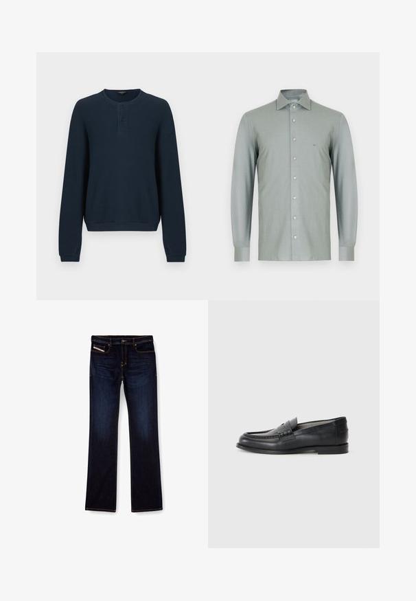 Pull bleu marine à manches longues en tissu côtelé texturé. Il présente un col rond et une patte de boutonnage à trois boutons. Les poignets et l'ourlet sont unis.; Chemise à manches longues vert clair ; tissu lisse, devant avec boutons, col pointu, petit logo sur la poitrine gauche ; coupe standard.; Jean en denim bleu foncé avec une coupe droite, présentant des coutures orange, une fermeture éclair et des poches avant. Texture lisse et taille standard.; Mocassins en cuir noir avec une finition lisse, un bout rond, une sangle décorative et un design minimaliste. Présentent un petit talon carré.