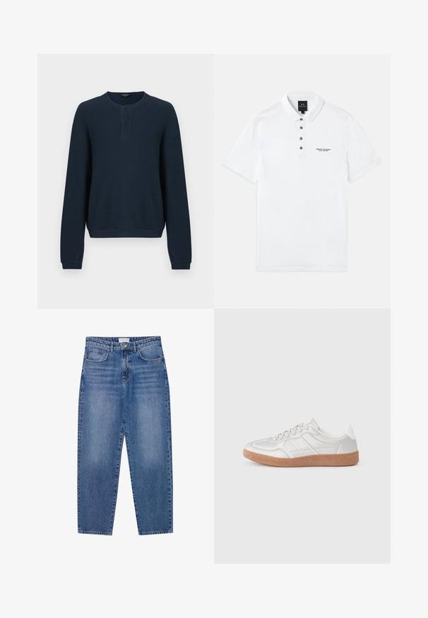 Marineblauwe trui met lange mouwen en een gestructureerde geribde stof. Voorzien van een ronde hals en een sluiting met drie knopen. Mouwen en zoom zijn effen.; Witte polo shirt gemaakt van katoen met korte mouwen, een kraag, vijf donkere knopen en geborduurd 'Armani Exchange' logo op de borst.; Blauwe denim jeans met een hoge taille, rechte pijpen en een vervaagde afwerking. Beschikt over vijf zakken en een knoopsluiting.; Zilveren sneakers met een gladde textuur, vetersluiting, geperforeerde accenten en een gestructureerde bruine rubberen zool.