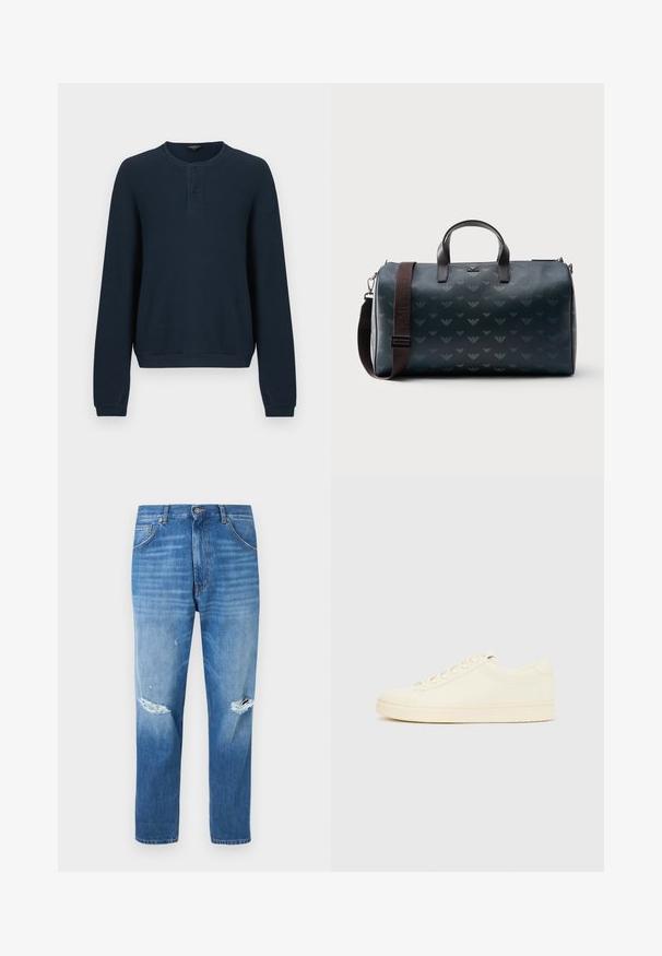 Pull bleu marine à manches longues en tissu côtelé texturé. Il présente un col rond et une patte de boutonnage à trois boutons. Les poignets et l'ourlet sont unis.; Jean en denim bleu avec bouton et fermeture éclair sur le devant, design cinq poches, et déchirures usées aux deux genoux.; Baskets couleur crème avec une tige en cuir lisse, bout arrondi, laçage à l'avant et semelle en caoutchouc texturée. Design minimaliste, sans logo.; Sac de sport cylindrique bleu foncé avec poignées noires et une sangle d'épaule réglable marron présentant des motifs subtils de logos répétés.