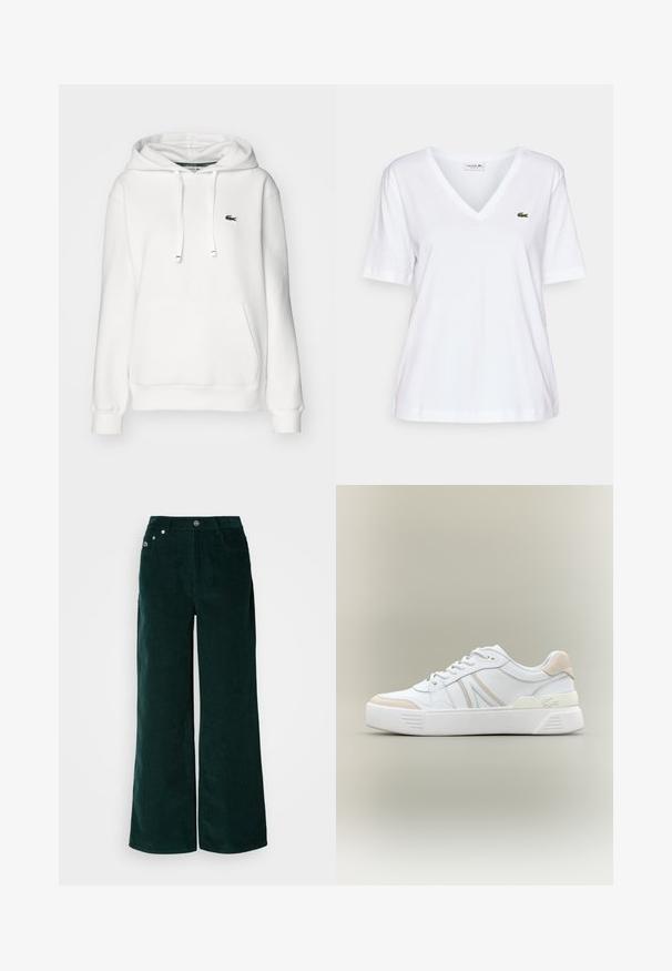 Biely mikina s klokaním vreckom, kapucňou na šnúrku, ribbed manžetami a malým zeleným logom na ľavej hrudi. Mäkka textúra látky.; Biely tričko s výstrihom do V z bavlny s krátkymi rukávmi, s malým zeleným logom krokodíla na ľavej hrudi. Jednoduchý dizajn a ľahký materiál.; Široké manžety z kordurovej látky tmavozelenej farby. Majú horizontálnu rebrovanú textúru, predné vrecká a zapínanie na gombík s výraznými značkovými prvkami.; Biele tenisky z hladkej kože s béžovými semišovými akcentmi. Majú okrúhly špičku, šnúrkové zapínanie a textúrovanú gumovú podrážku. Bočný detail loga.