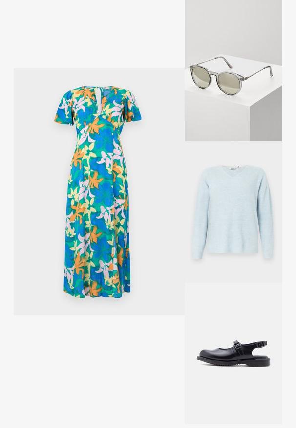Pull en maille côtelée bleu clair avec un décolleté en V, des manches longues et une coupe décontractée. Texture douce, design minimal, sans quincaillerie ni accents visibles.; Robe longue avec manches bouffantes courtes, fente en V, et un motif floral vibrant en bleu, orange, jaune et rose clair sur fond vert.; Chaussure style Mary Jane en cuir noir avec deux brides ajustables à boucle et une semelle épaisse en caoutchouc rainurée.; Lunettes de soleil rondes avec des montures grises transparentes et des verres teintés en gris. Éléments en métal sur les branches et bras courbés pour la stabilité.