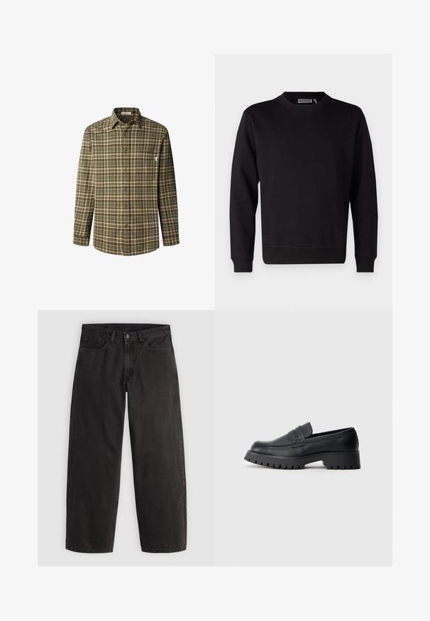 Sort sweatshirt lavet af glat bomuldsblanding, med rund hals, lange ærmer og ribstrikkede manchetter og kant. Ingen mønstre eller accenter synlige.; Knappet skjorte i grønt og brunt ternet mønster, lange ærmer, krave, brystlomme, lavet af tekstureret bomuldsstof med brune knapper.; Sorte denimjeans med lige ben, fem lommer og bæltestropper, vist fladt på en ensartet lys baggrund.; Sorte læder loafers med en rund tå, prydet med en dekorativ rem og en kraftig gummisål med dybe riller for grip.
