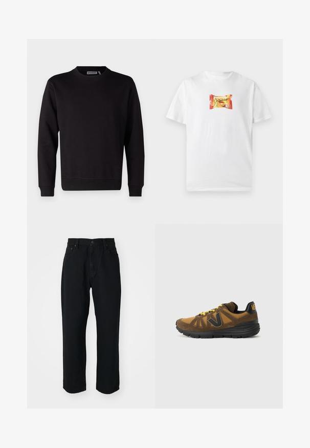 Schwarzes Sweatshirt aus einem glatten Baumwollmix, mit Rundhalsausschnitt, langen Ärmeln sowie gerippten Bündchen und Saum. Keine Muster oder Akzente sichtbar.; Weißes Kurzarm-T-Shirt mit einer kleinen bunten Grafik eines Snackpakets mit fettem Text und grünen Erbsen in der Mitte der Brust.; Schwarze Denim-Jeans mit geradem Schnitt, leichtem Material, fünf Taschen und Knopfverschluss an der Taille.; Brauner und senfgelber Wildleder- und Mesh-Sneaker mit schwarzer Sohle, gelben Schnürsenkeln und schwarzem "V"-Logo an der Seite vor einfarbigem Hintergrund.