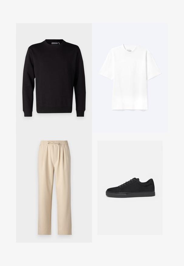 Sweatshirt noir en mélange de coton lisse, avec un col rond, des manches longues et des poignets et un ourlet côtelés. Aucun motif ni accent visible.; T-shirt blanc uni à manches courtes et col rond avec une coupe décontractée, présenté sur un fond clair.; Pantalons beiges avec une taille élastique à cordon de serrage, design à jambe droite et texture de tissu douce et lisse.; Baskets basses noires avec fermeture à lacets à l'avant et semelle en caoutchouc plate, vues de profil sur fond blanc.