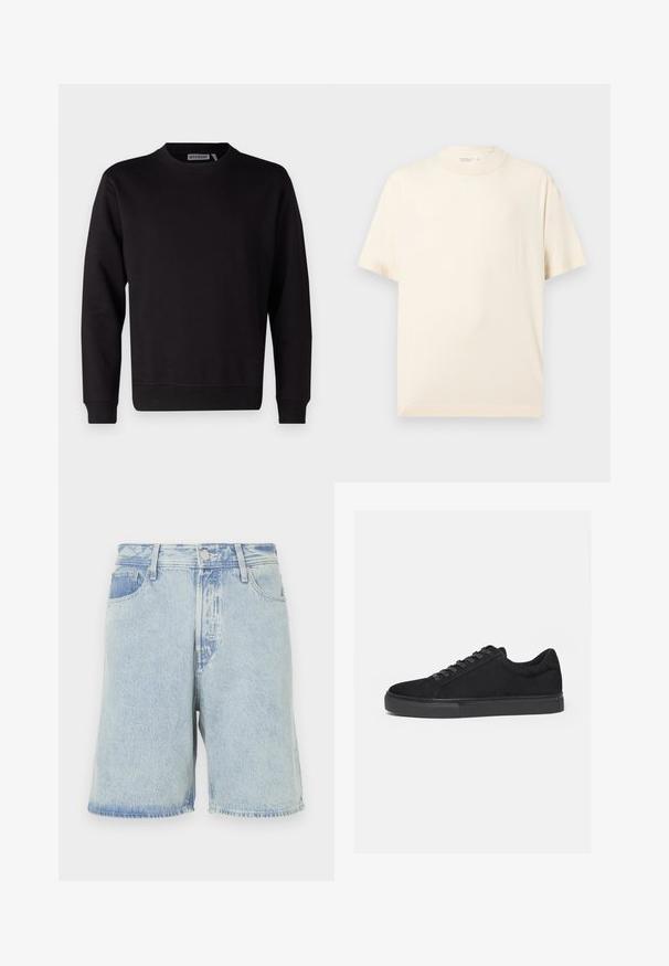Sort sweatshirt lavet af glat bomuldsblanding, med rund hals, lange ærmer og ribstrikkede manchetter og kant. Ingen mønstre eller accenter synlige.; Enkelt beige t-shirt med korte ærmer og rund hals, vist fladt på en lys grå baggrund.; Lysblå denimshorts med en løs pasform, der har et fem-lomme design, en knaplukning foran og frynset kant.; Sort lavtop sneaker med snørelukning foran og flad gummisål, vist fra siden på en hvid baggrund.