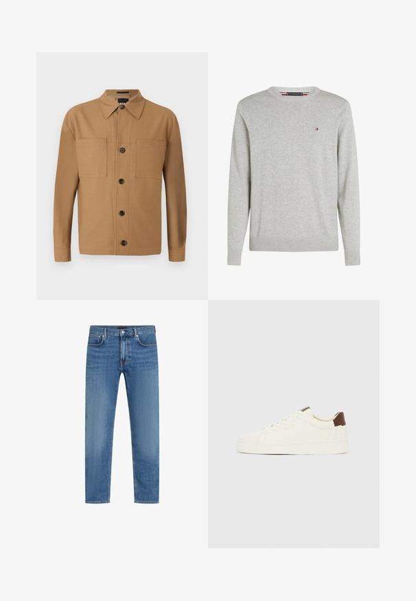 Svetlosivý sveter s okrúhlym výstrihom, dlhými rukávmi a malým červeno-bielo-modrým logom na ľavej strane hrude.; BOSS CRAIG - Košeľa - medium beige; Modré džínsové nohavice so rovnými nohavicami, piatimi vreckami, zapínaním na gombík a zips a jemným vyblednutím na stehnách.; Biela nízka teniska s krémovými šnúrkami, hnedým pätkovým pásikom a zlatým logom „GANT“ na boku, zobrazená z profilu na jednofarebnom pozadí.